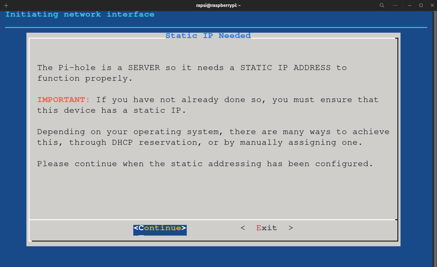 Pi Hole Automated Installer - Static IP notice screen