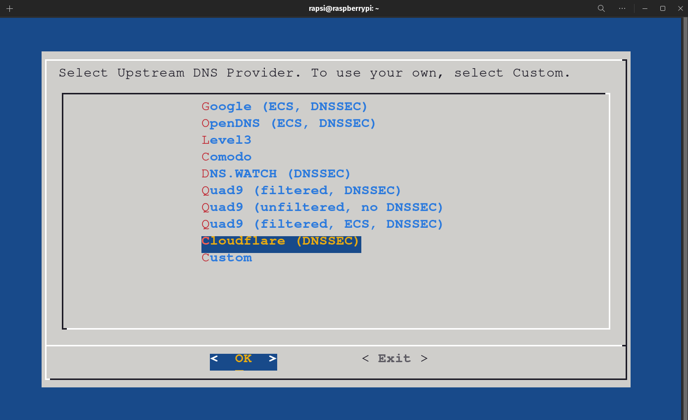 Pi Hole Automated Installer - DNS Provider selection screen