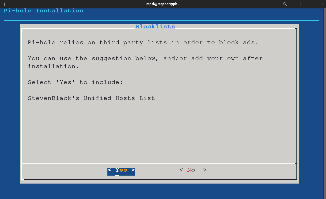 Pi Hole Automated Installer - Blocklist selection screen
