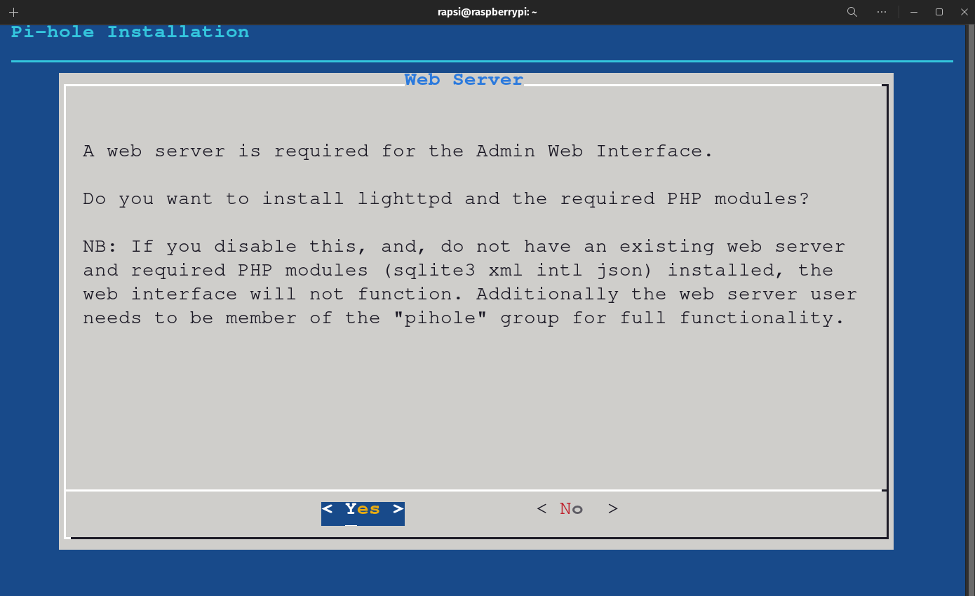 Pi Hole Automated Installer - Web Server setup selection screen