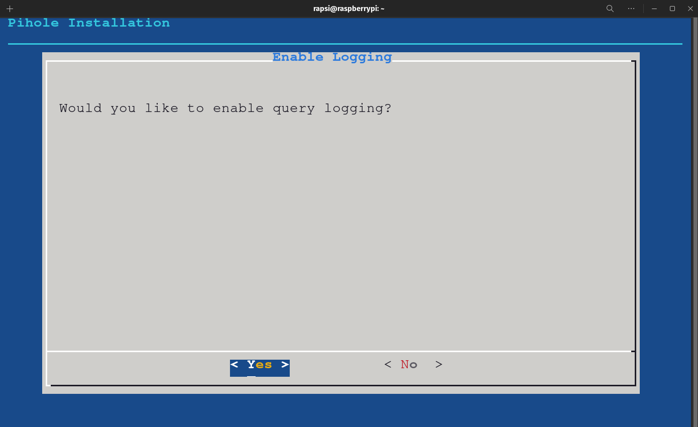 Pi Hole Automated Installer - Enable Logging selection screen