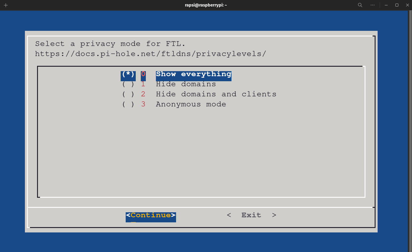 Pi Hole Automated Installer - Privacy Mode selection screen