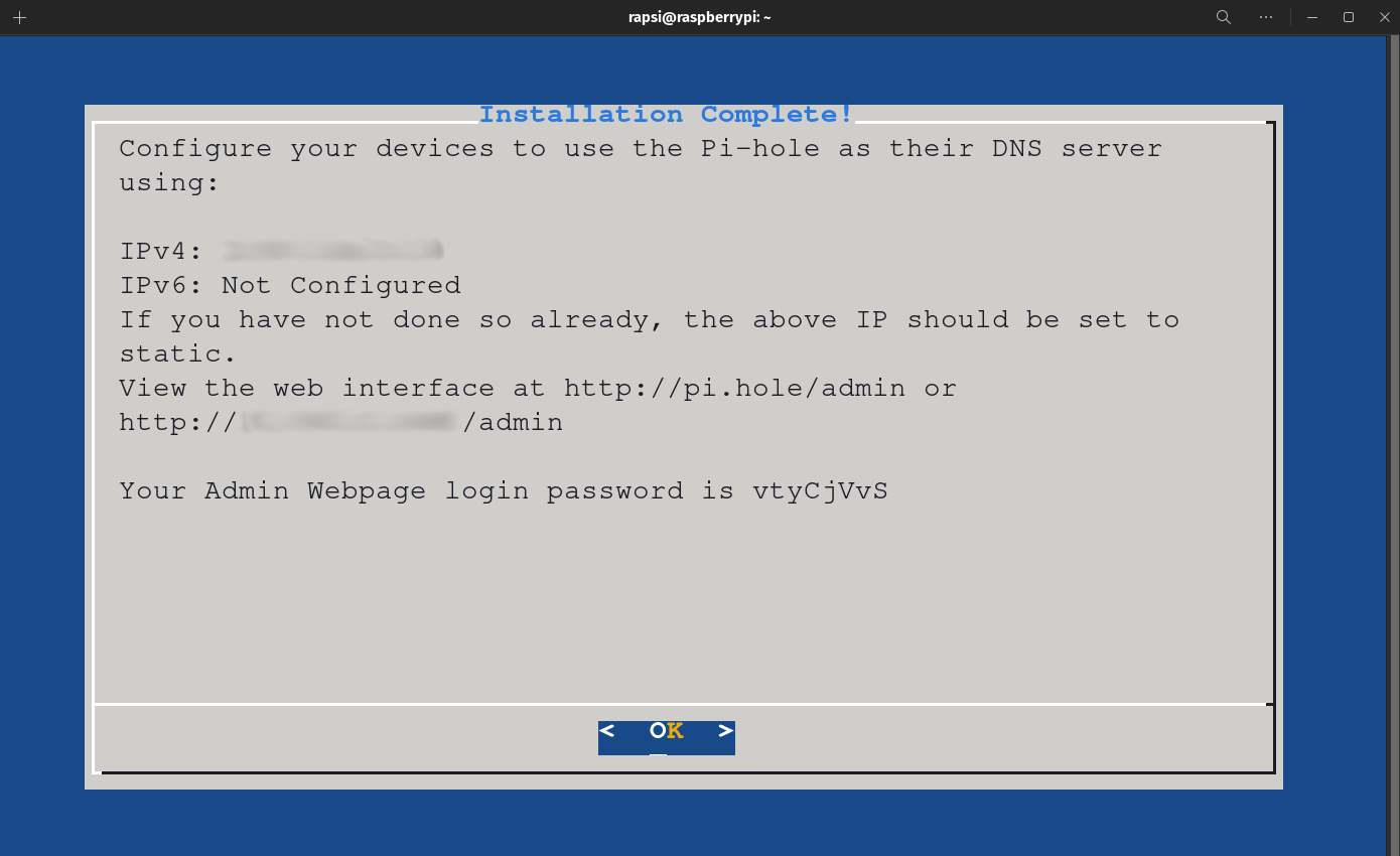 Pi Hole Automated Installer - Final screen with password information
