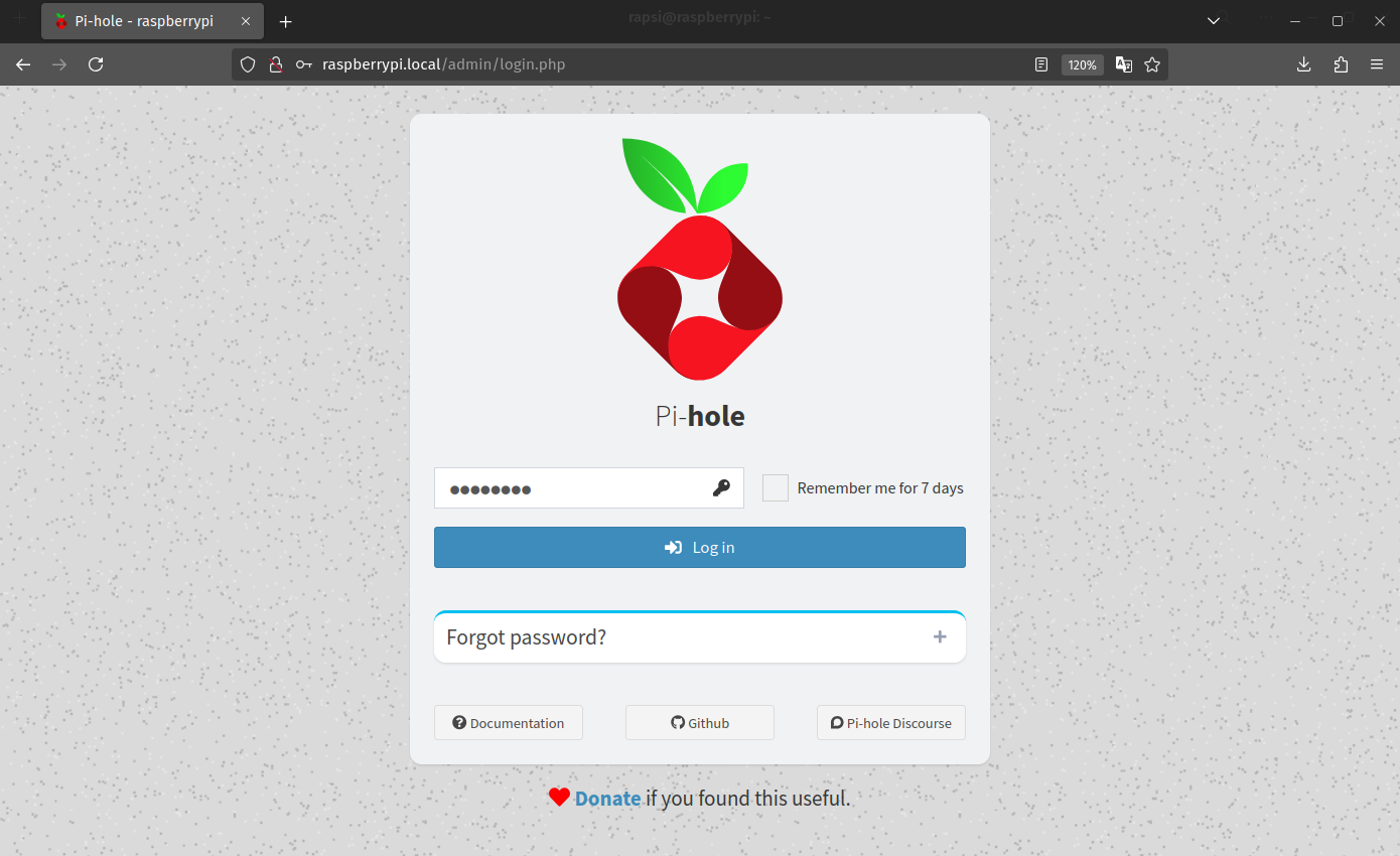 Log in screen for Pi-Hole Web Admin page