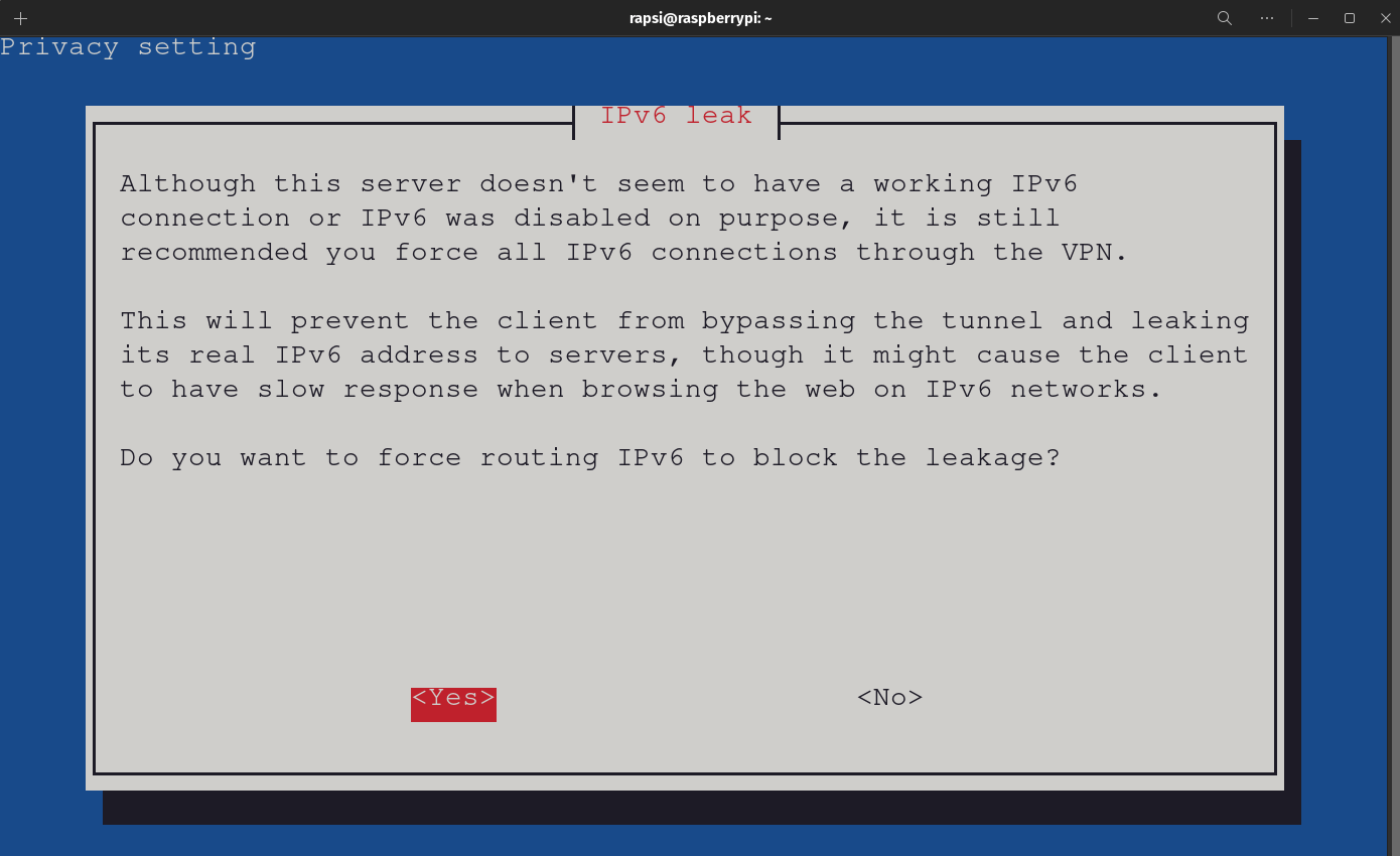 PiVPN Automated Installer - IPv6 Configuration Screen