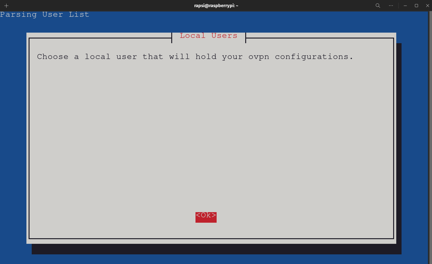 PiVPN Automated Installer - Local Users Screen