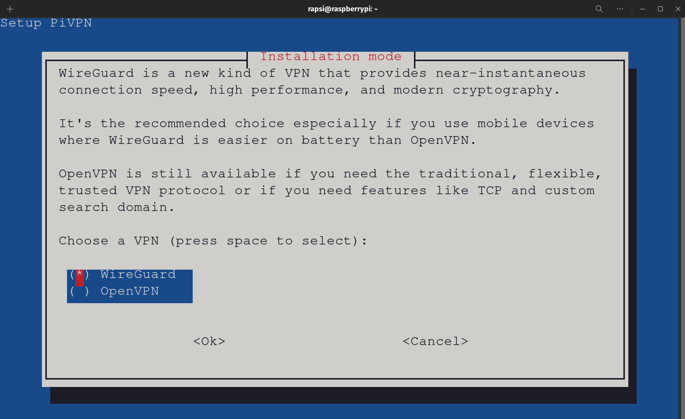 PiVPN Automated Installer - Installation Mode Screen
