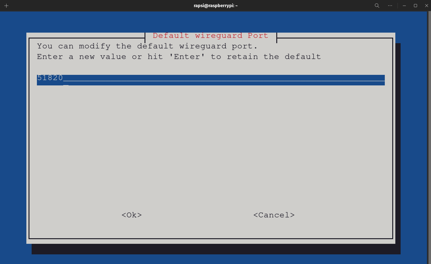 PiVPN Automated Installer - Defualt WireGuard Port Screen