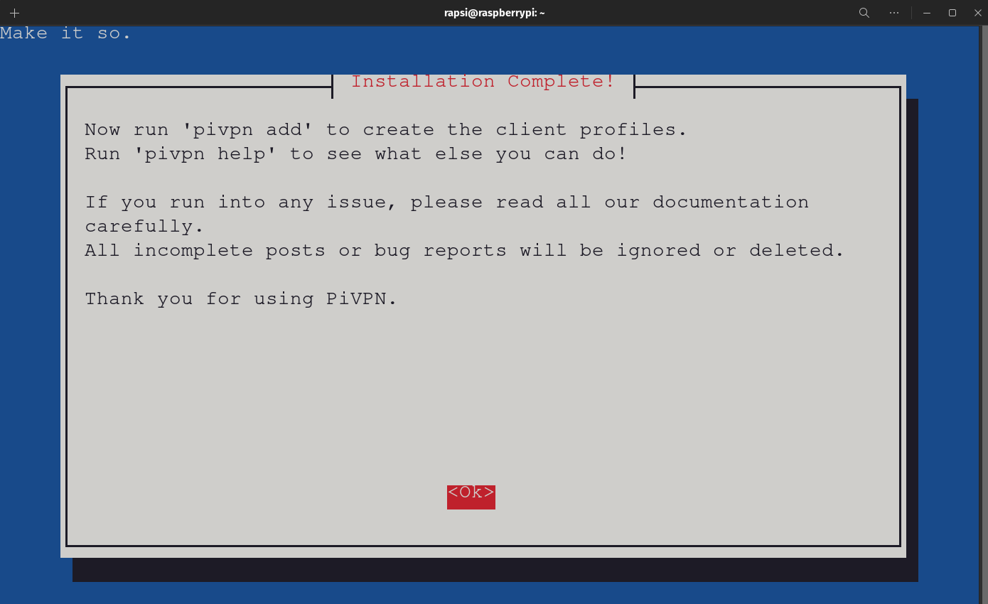 PiVPN Automated Installer - Installation Complete screen